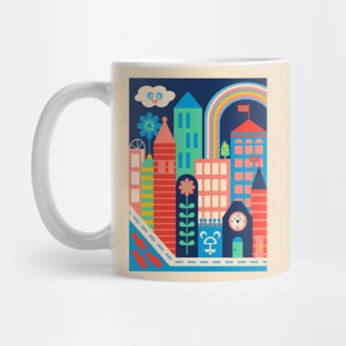 CITY KIDS Cityscape Cute Kawaii Cloud Buildings Rainbow Flower and Hidden Bear Face - UnBlink Studio by Jackie Tahara Mug